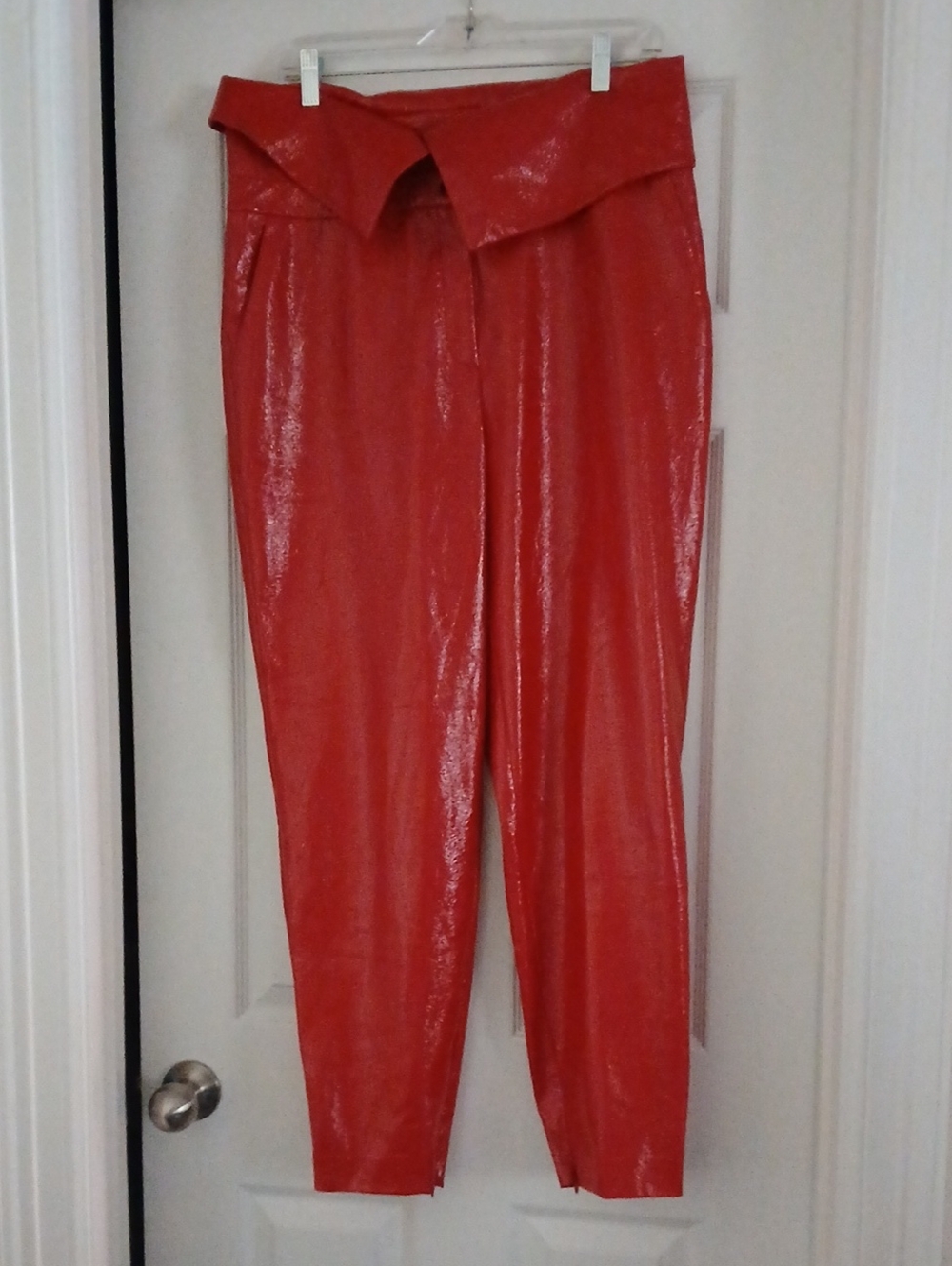 BCBGMaxAzria Shiny Red Paperbag Waist Skinny Pants